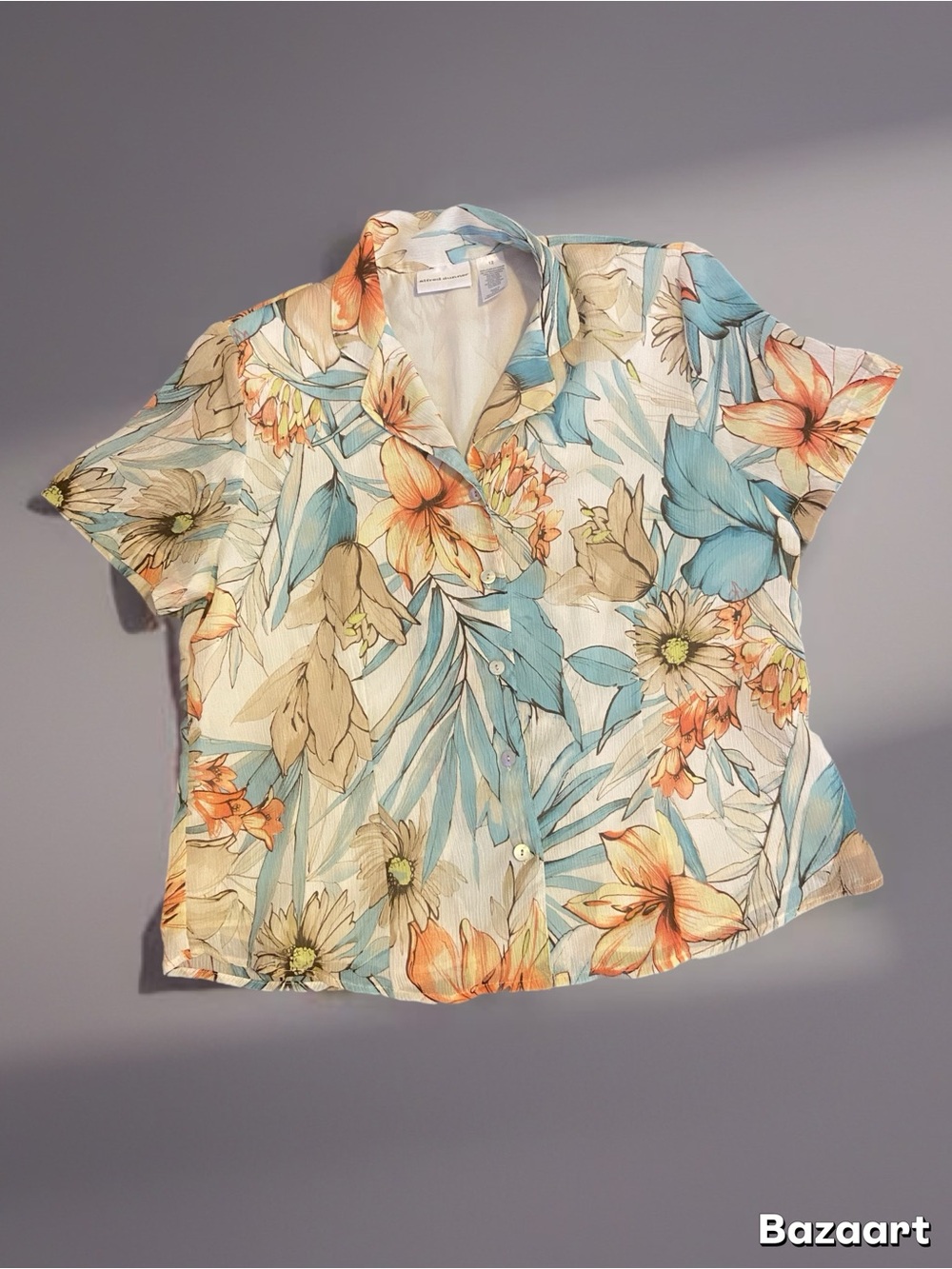 Alfred Dunner Tropical Floral Button-Front Top in Blue, Peach & Cream